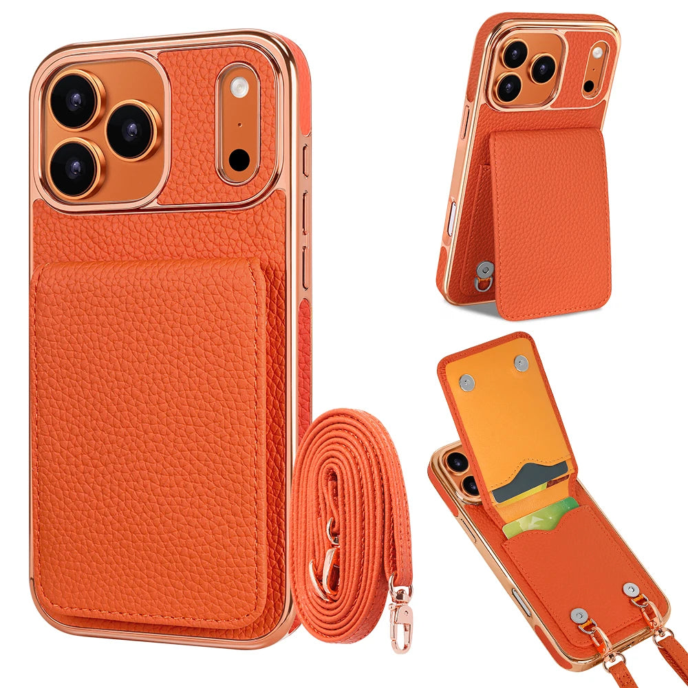 Faux Leather Wallet Phone Case for iPhone - Protective Card Holder Kickstand Crossbody Strap Compatible with iPhone 17/16/15/14