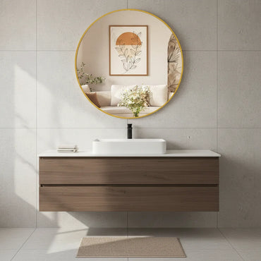 20" Gold Round Wall Mirror, Elegant Bedroom Bathroom Vanity Mirror, 20" Frameless Shatterproof Style