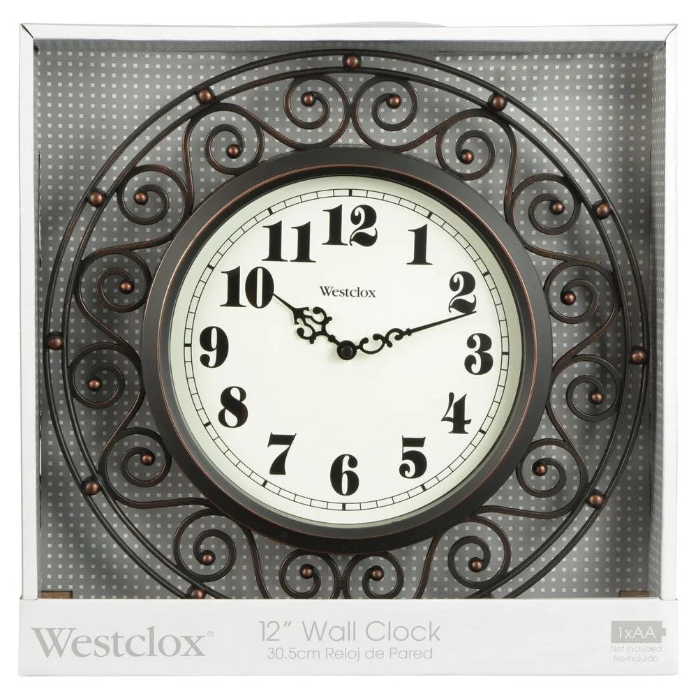 Bronze Analog Quartz Wall Clock 12 Inch Round Wrought Iron Decorative Timepiece Large Number Home Decor Gift