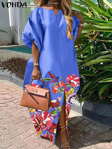 VONDA Bohemian Maxi Long Dress Women Satin Silk Sundress Elegant Summer Half Sleeve V Neck Vestidos Oversized Casual Loose Robe