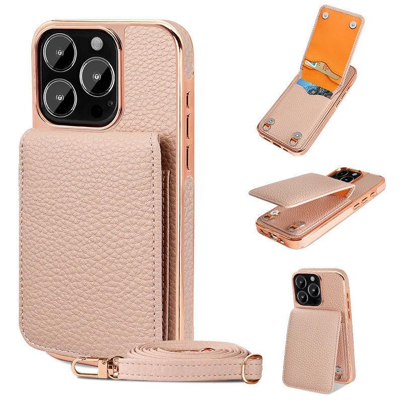 VIETAO Card Holder PU Leather Phone Case With Long Crossbody Strap For iPhone 17/16/15/14/13 Pro Max, Air, Plating Phone Cover