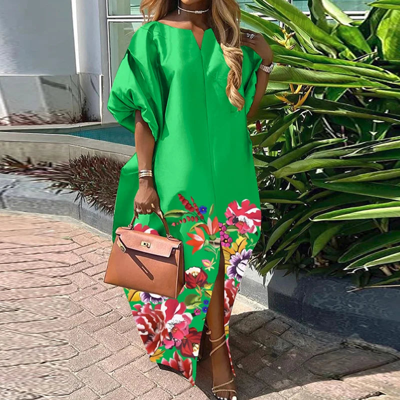 VONDA Bohemian Maxi Long Dress Women Satin Silk Sundress Elegant Summer Half Sleeve V Neck Vestidos Oversized Casual Loose Robe