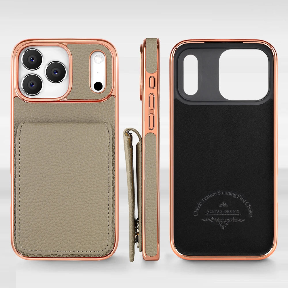 VIETAO Card Holder PU Leather Phone Case With Long Crossbody Strap For iPhone 17/16/15/14/13 Pro Max, Air, Plating Phone Cover