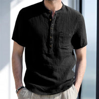 Men s Casual  Fit Short Sleeve Linen Henley Shirt Lightweight Breathable Solid Color Summer Tee Top with Round Neck