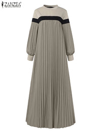 ZANZEA Autumn Women Muslim Dress Turkey Abaya Elegant Long Lantern Sleeve Patchwork Sundress Pleated Vestidos Islamic Dubai Robe