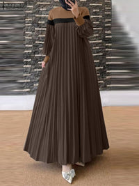 ZANZEA Autumn Women Muslim Dress Turkey Abaya Elegant Long Lantern Sleeve Patchwork Sundress Pleated Vestidos Islamic Dubai Robe