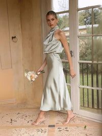 2025 Summer Fashion New Women's Elegant Banquet Style Elegant Solid Color Stacked Collar Sleeveless Sexy Party Style Long Dress