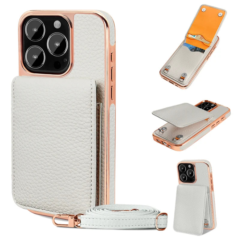 VIETAO Card Holder PU Leather Phone Case With Long Crossbody Strap For iPhone 17/16/15/14/13 Pro Max, Air, Plating Phone Cover