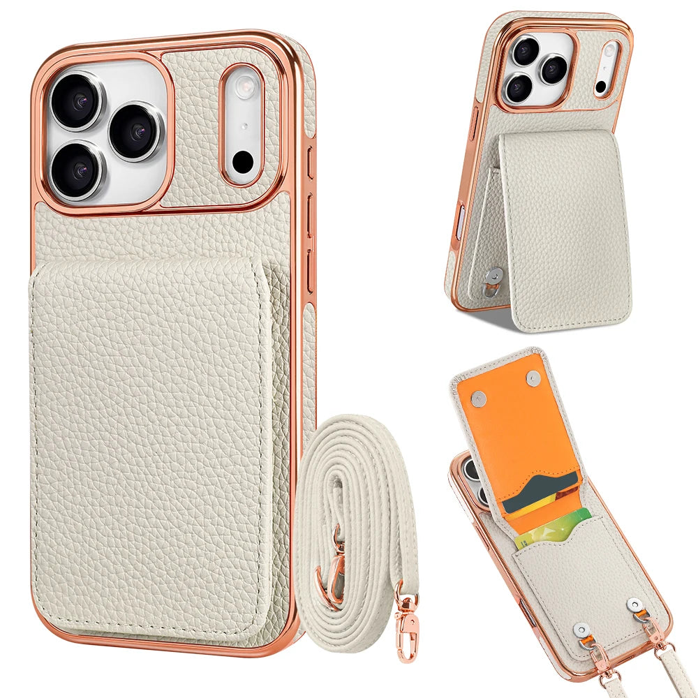 Faux Leather Wallet Phone Case for iPhone - Protective Card Holder Kickstand Crossbody Strap Compatible with iPhone 17/16/15/14