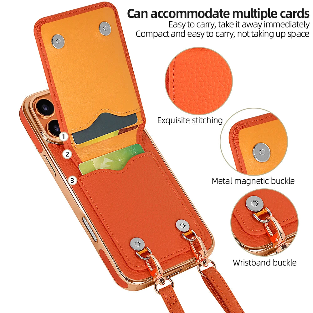 Faux Leather Wallet Phone Case for iPhone - Protective Card Holder Kickstand Crossbody Strap Compatible with iPhone 17/16/15/14