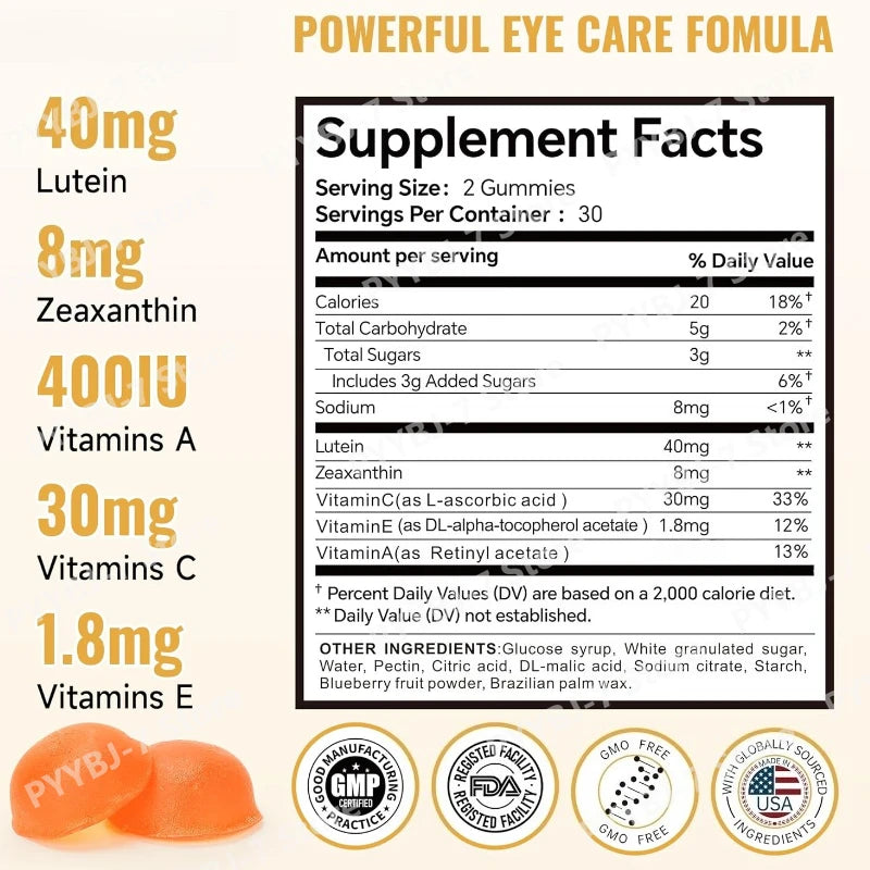Lutein Gummies Eye Vitamin and Mineral Supplement with 20mg Lutein 4mg Zeaxanthin Gummy Vitamins for Eye Health Support
