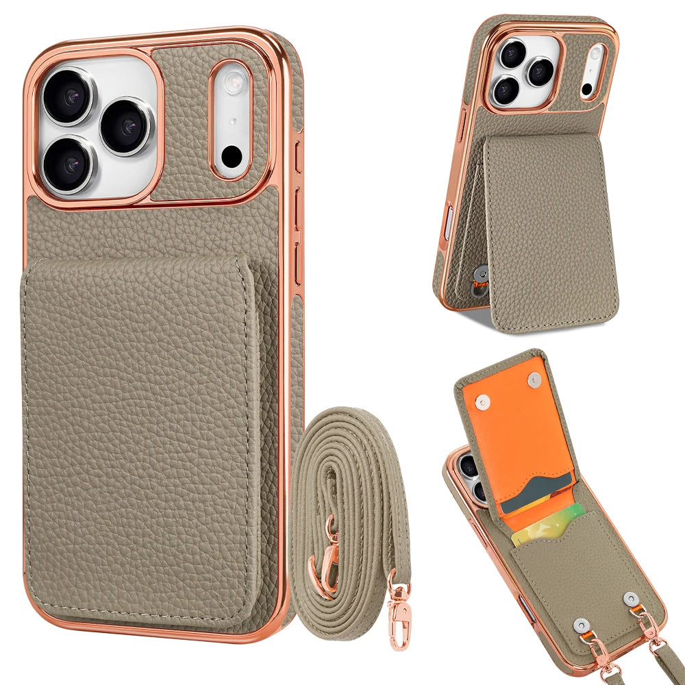 Faux Leather Wallet Phone Case for iPhone - Protective Card Holder Kickstand Crossbody Strap Compatible with iPhone 17/16/15/14