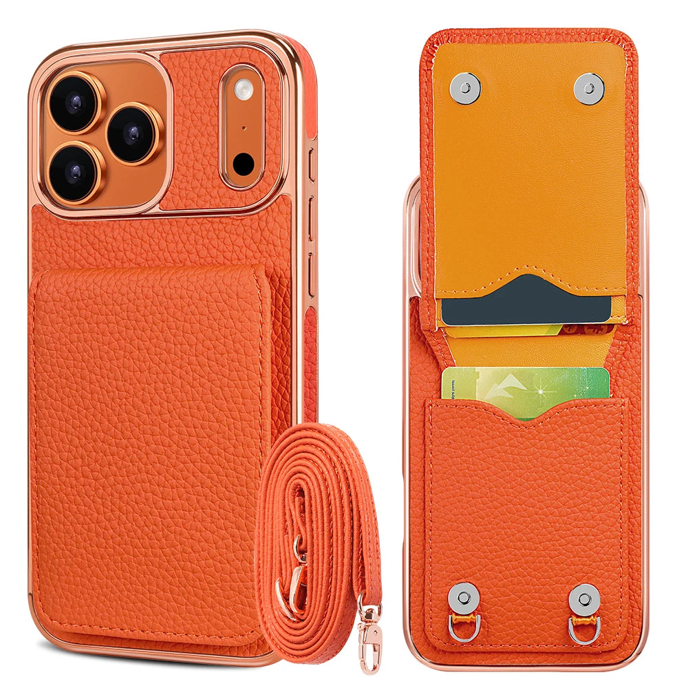 Faux Leather Wallet Phone Case for iPhone - Protective Card Holder Kickstand Crossbody Strap Compatible with iPhone 17/16/15/14