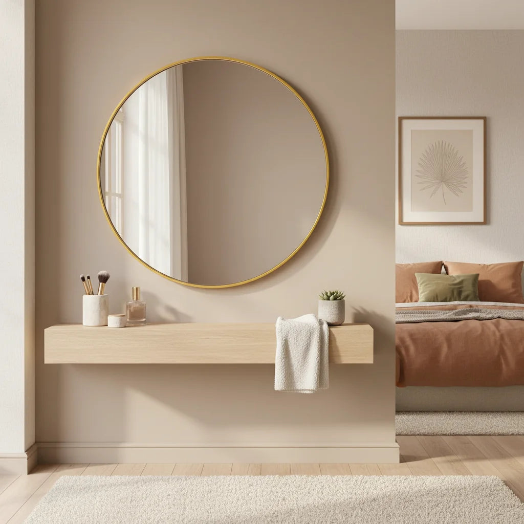 20" Gold Round Wall Mirror, Elegant Bedroom Bathroom Vanity Mirror, 20" Frameless Shatterproof Style