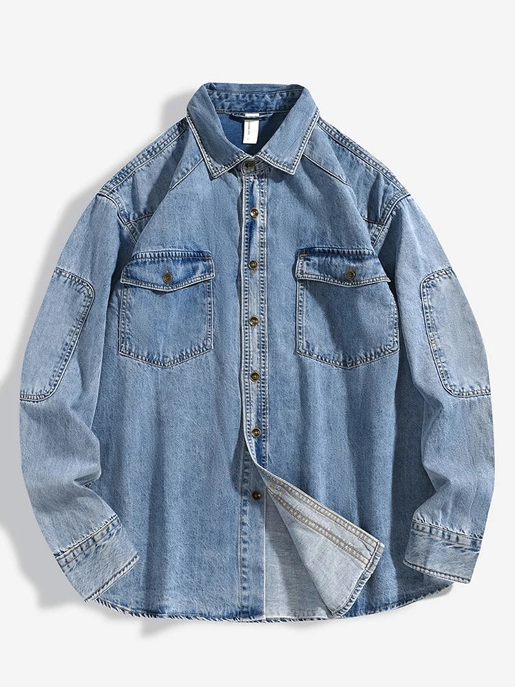 2026 New Denim Cotton Men's Shirt Long Sleeve Black Blue Drop Shoulder Button Pockets Cowboy Loose Casual Work Jeans Shirts