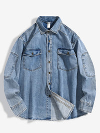 2026 New Denim Cotton Men's Shirt Long Sleeve Black Blue Drop Shoulder Button Pockets Cowboy Loose Casual Work Jeans Shirts