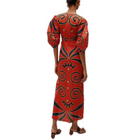 VEITCHE Summer Women Linen Material Long Dresses Fashion Chic Print Sexy V-neck Hollow Out High Waist Party Dress Lady robes