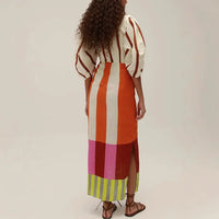 VEITCHE Summer Women Linen Material Long Dresses Fashion Chic Print Sexy V-neck Hollow Out High Waist Party Dress Lady robes