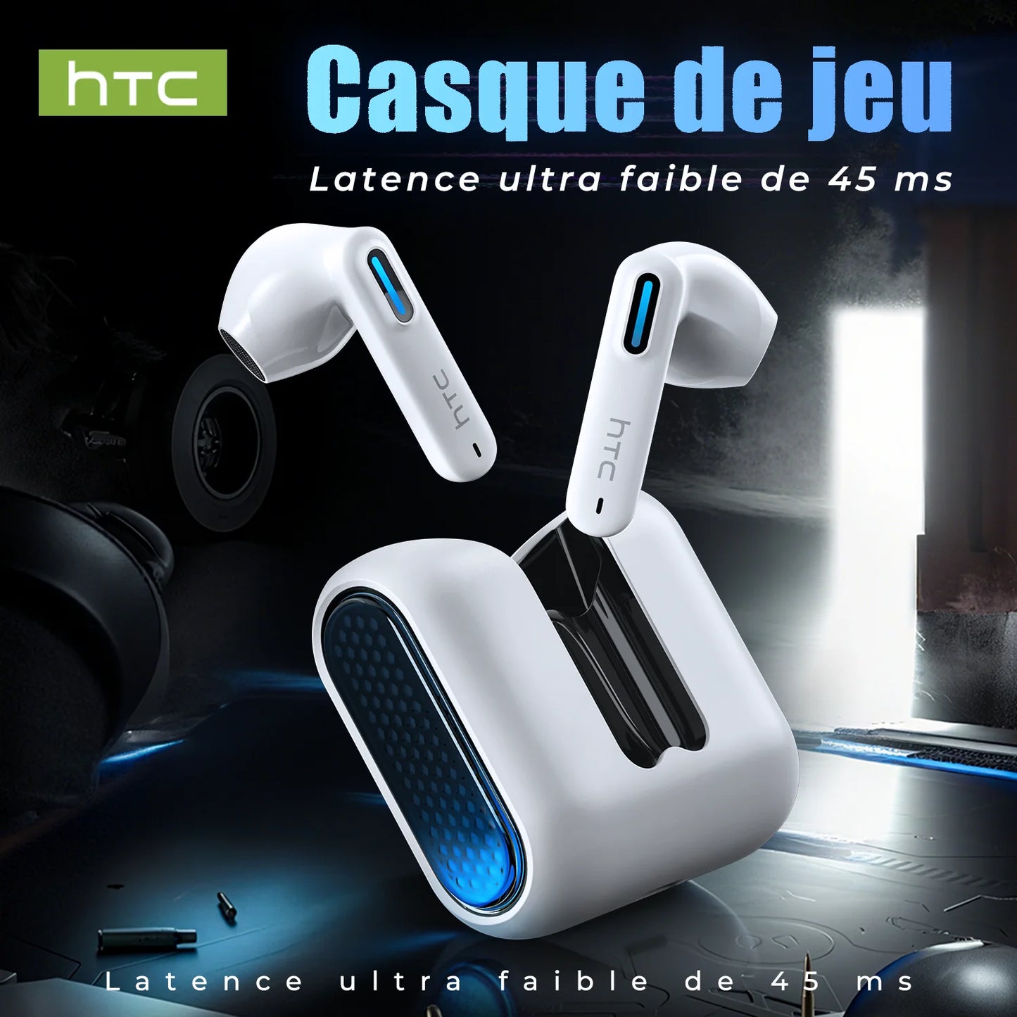 HTC Wireless Bluetooth Earphones Low latency Gaming Headphones USB-C 30Hrs Playback Comfortable Earbuds With Noise Canceling Mic