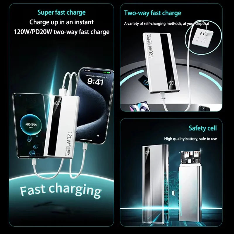 200000mAh High Capacity PowerBank 120W Super Fast Charging Portable External Battery Powerbank For Iphone Huawei Samsung Oppo