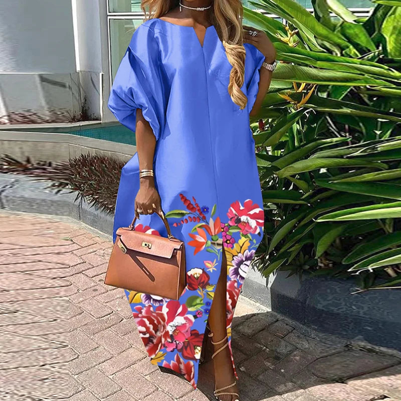 VONDA Bohemian Maxi Long Dress Women Satin Silk Sundress Elegant Summer Half Sleeve V Neck Vestidos Oversized Casual Loose Robe