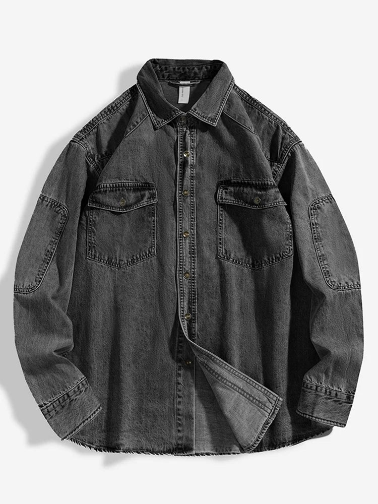 2026 New Denim Cotton Men's Shirt Long Sleeve Black Blue Drop Shoulder Button Pockets Cowboy Loose Casual Work Jeans Shirts