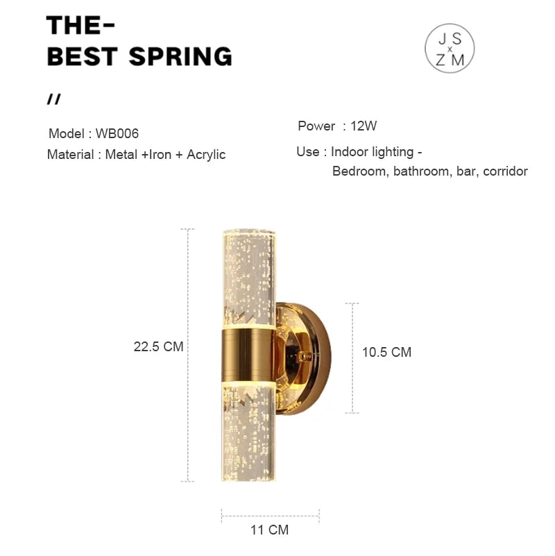 Modern 24W Mirror light Wall Lamps Indoor Fixtures Bubble Crystal Wall Sconces for Bathroom Bedroom Hallway Corridor