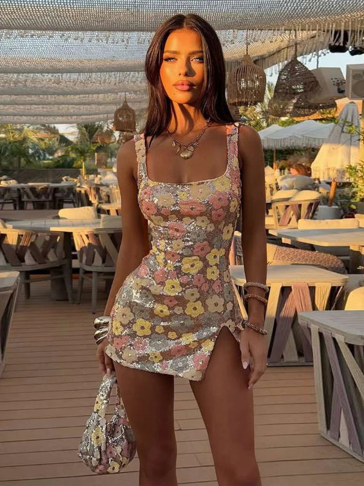 Weird Puss Colorful Flower Print Mini Dress Women Sequins Patchwork Skinny Backless Sleeveless Vacation Trend Elegant Outfits