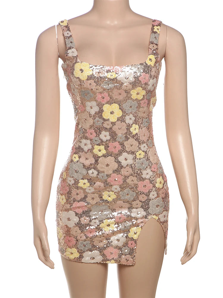 Weird Puss Colorful Flower Print Mini Dress Women Sequins Patchwork Skinny Backless Sleeveless Vacation Trend Elegant Outfits
