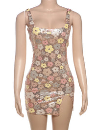 Weird Puss Colorful Flower Print Mini Dress Women Sequins Patchwork Skinny Backless Sleeveless Vacation Trend Elegant Outfits