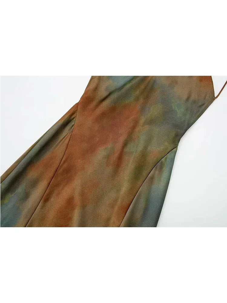 ZADATA 2024 Summer New Women's Open Back Sleeveless Dress Fashion Satin Mid Length Dress Printed Sexy V Neck Sling Dress