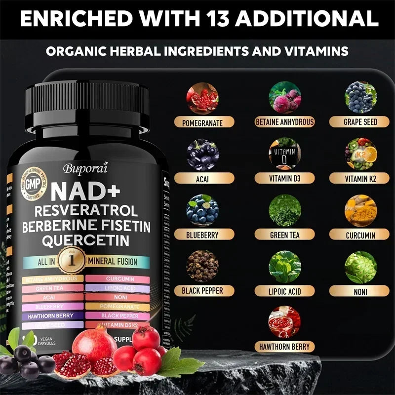 NAD+ Resveratrol Berberine - Promotes Cardiovascular Health,Improve Endurance,Cellular Health,Healthy Aging,Supplement Nutrition