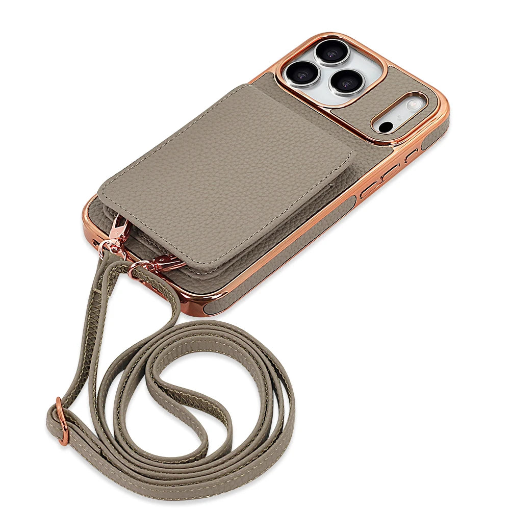 VIETAO Card Holder PU Leather Phone Case With Long Crossbody Strap For iPhone 17/16/15/14/13 Pro Max, Air, Plating Phone Cover