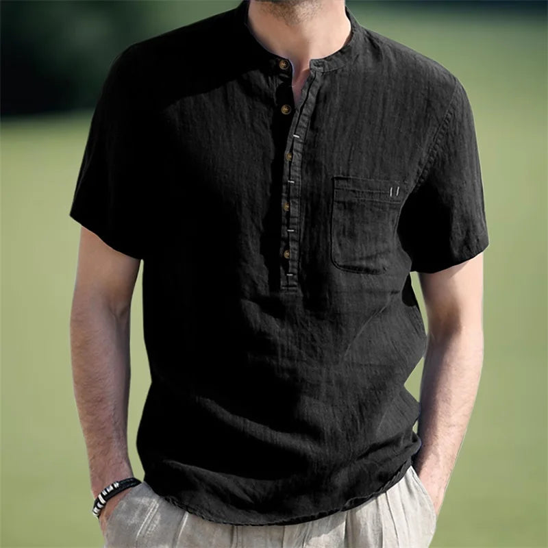 Men s Casual  Fit Short Sleeve Linen Henley Shirt Lightweight Breathable Solid Color Summer Tee Top with Round Neck