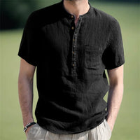 Men s Casual  Fit Short Sleeve Linen Henley Shirt Lightweight Breathable Solid Color Summer Tee Top with Round Neck