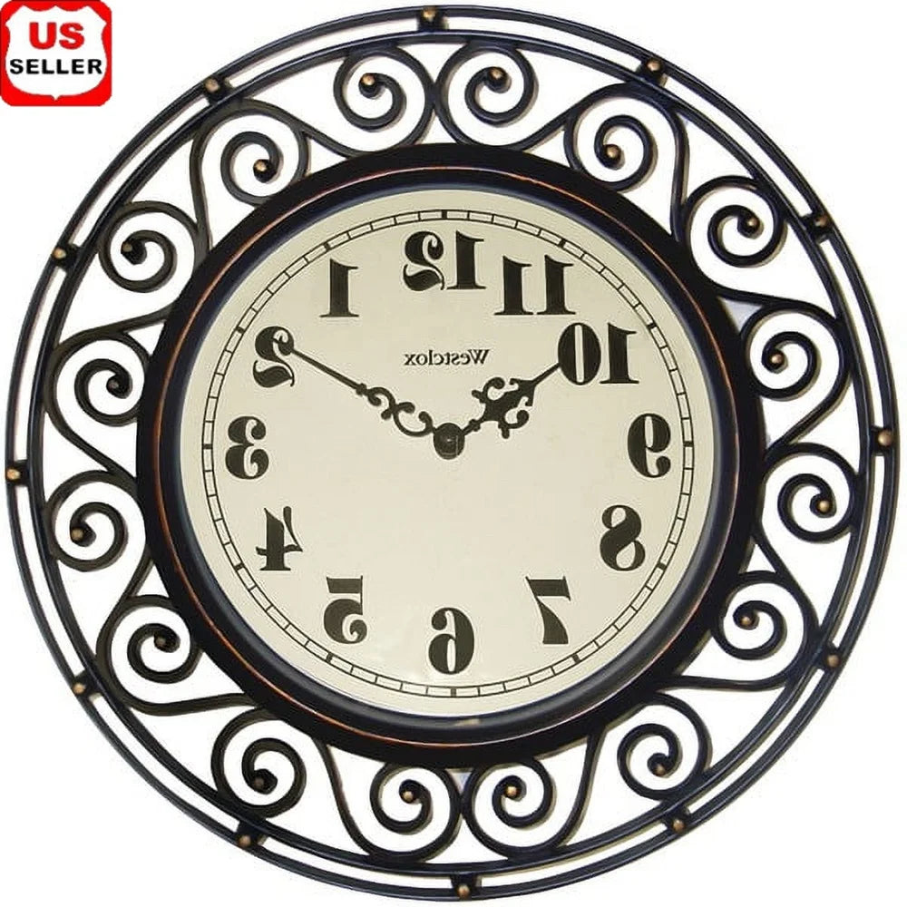 Bronze Analog Quartz Wall Clock 12 Inch Round Wrought Iron Decorative Timepiece Large Number Home Decor Gift