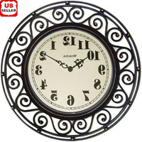 Bronze Analog Quartz Wall Clock 12 Inch Round Wrought Iron Decorative Timepiece Large Number Home Decor Gift
