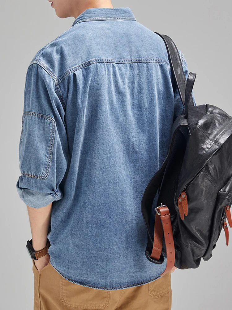 2026 New Denim Cotton Men's Shirt Long Sleeve Black Blue Drop Shoulder Button Pockets Cowboy Loose Casual Work Jeans Shirts