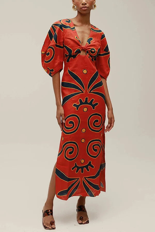 VEITCHE Summer Women Linen Material Long Dresses Fashion Chic Print Sexy V-neck Hollow Out High Waist Party Dress Lady robes