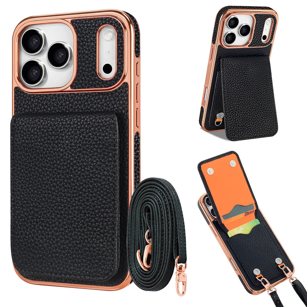 Faux Leather Wallet Phone Case for iPhone - Protective Card Holder Kickstand Crossbody Strap Compatible with iPhone 17/16/15/14