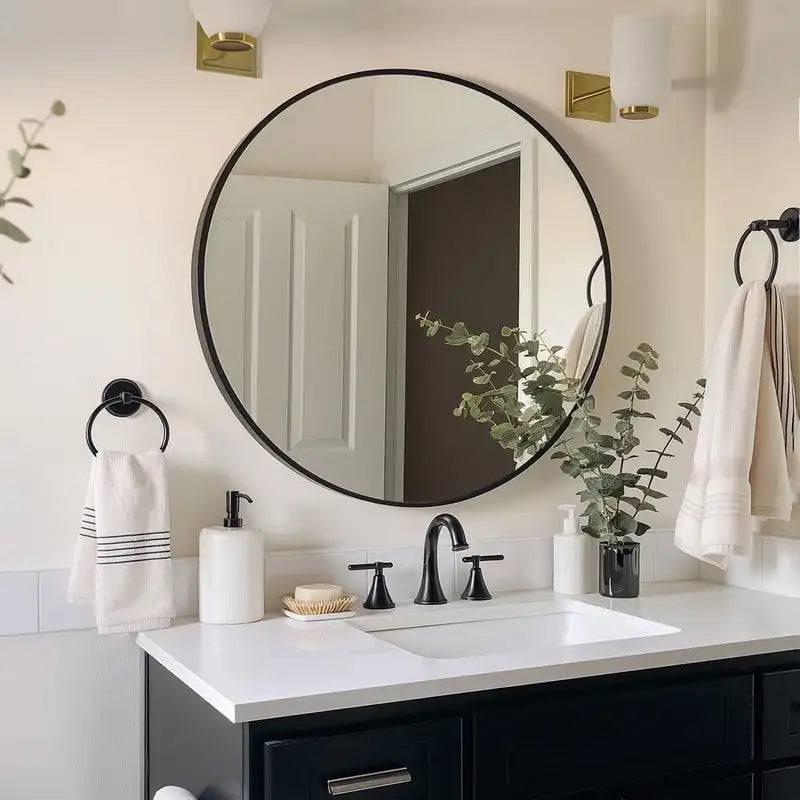 24.2"x24.2" Round Bathroom Mirror Wall Mirror, Metal Frame Circle Mirror Black