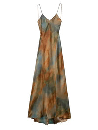 ZADATA 2024 Summer New Women's Open Back Sleeveless Dress Fashion Satin Mid Length Dress Printed Sexy V Neck Sling Dress