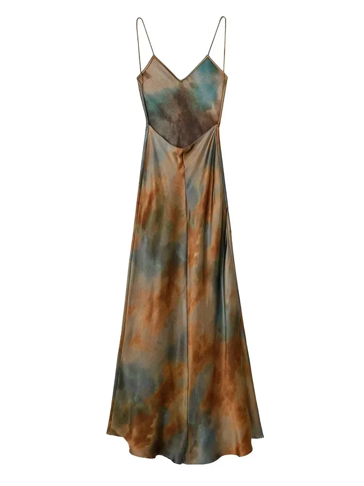 ZADATA 2024 Summer New Women's Open Back Sleeveless Dress Fashion Satin Mid Length Dress Printed Sexy V Neck Sling Dress