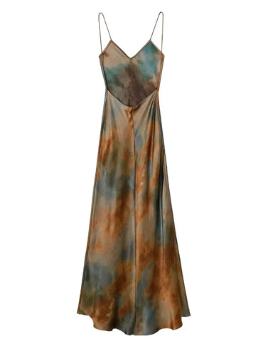 ZADATA 2024 Summer New Women's Open Back Sleeveless Dress Fashion Satin Mid Length Dress Printed Sexy V Neck Sling Dress