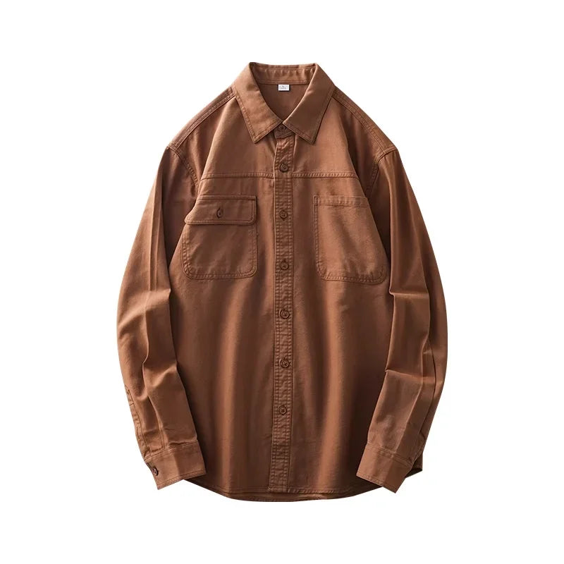 DUKEEN 400G Heavyweight Men's Shirts Pure Cotton Spring and Autumn Casual Pocket Long-Sleeve Workwear Tops Trend Men's Clothing