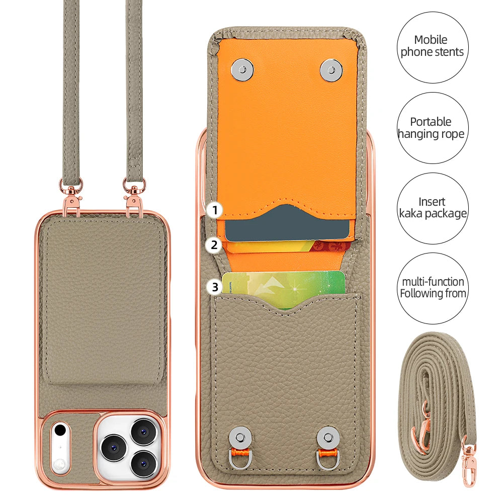 VIETAO Card Holder PU Leather Phone Case With Long Crossbody Strap For iPhone 17/16/15/14/13 Pro Max, Air, Plating Phone Cover