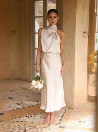 2025 Summer Fashion New Women's Elegant Banquet Style Elegant Solid Color Stacked Collar Sleeveless Sexy Party Style Long Dress