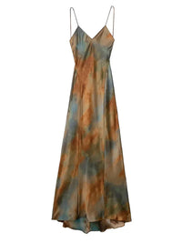 ZADATA 2024 Summer New Women's Open Back Sleeveless Dress Fashion Satin Mid Length Dress Printed Sexy V Neck Sling Dress
