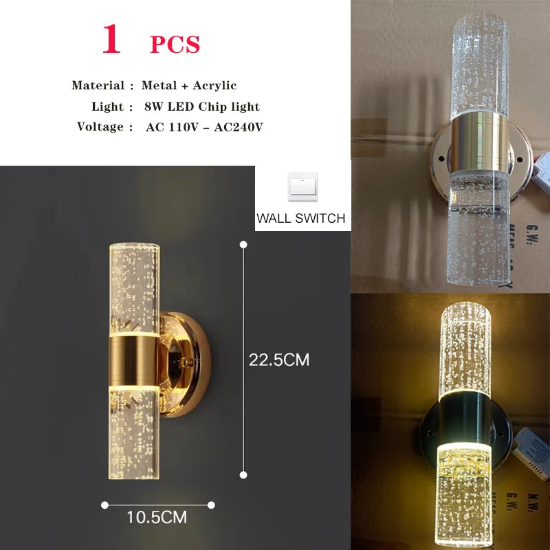 Modern 24W Mirror light Wall Lamps Indoor Fixtures Bubble Crystal Wall Sconces for Bathroom Bedroom Hallway Corridor