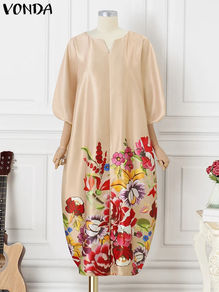 VONDA Bohemian Maxi Long Dress Women Satin Silk Sundress Elegant Summer Half Sleeve V Neck Vestidos Oversized Casual Loose Robe